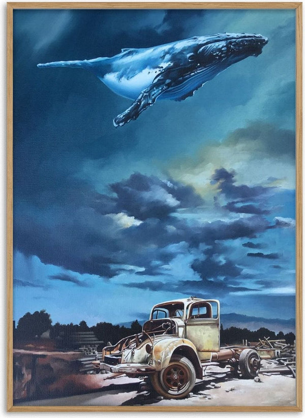 California dreaming by Adrian DeDea - humpback whale flying in a stormy sky above an abandoned rusty truck