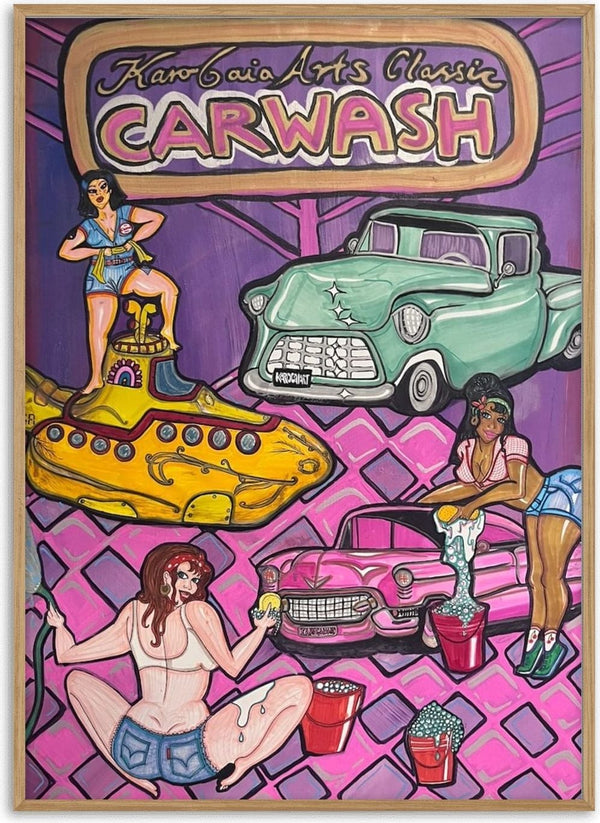 Carwash by KaroGaiaArt - three women washing cars under a carwash sign in pink and purple