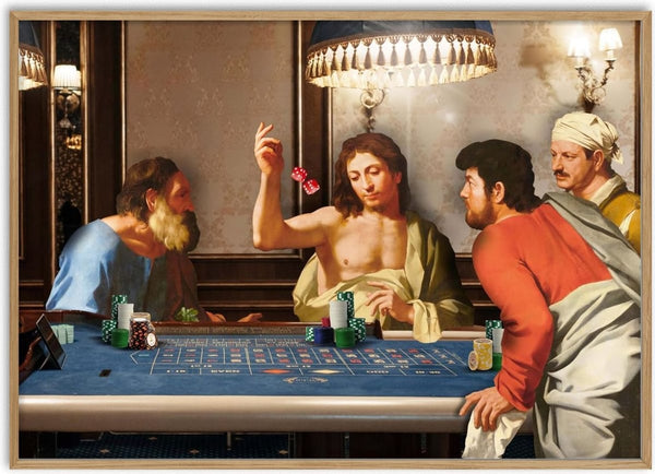 Casino Gang by Dikhotomy - Renaissance figures throwing dice around a blue casino table under a fringed lamp