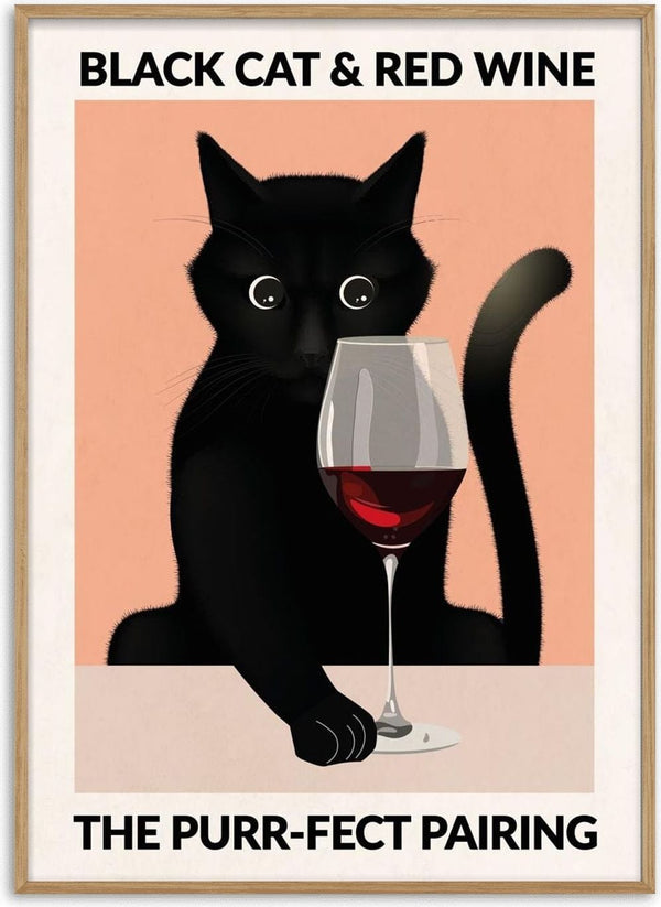 Illustration of a black cat with a glass of red wine, captioned "Black Cat & Red Wine: The Purr-fect Pairing."