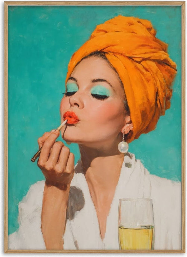 Champagne And Lipstick by David Wolf woman in an orange turban applying lipstick on turquoise