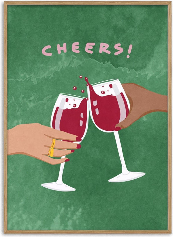 Illustration of two hands clinking wine glasses, with "CHEERS!" text above, for Cheers To Us by Raissa Oltmanns.