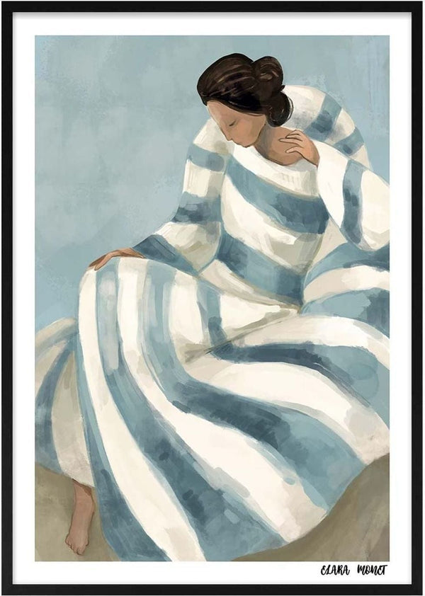 Art print of a woman in a flowing striped dress, seated and looking down; Cherish by Elara Monet.