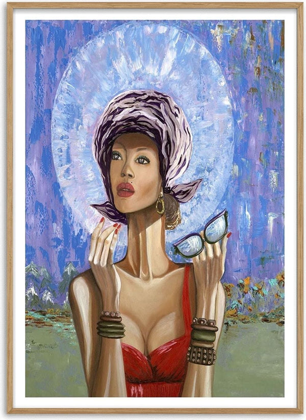 Painting of a stylish woman in red, holding glasses, with a patterned headscarf and blue halo background.