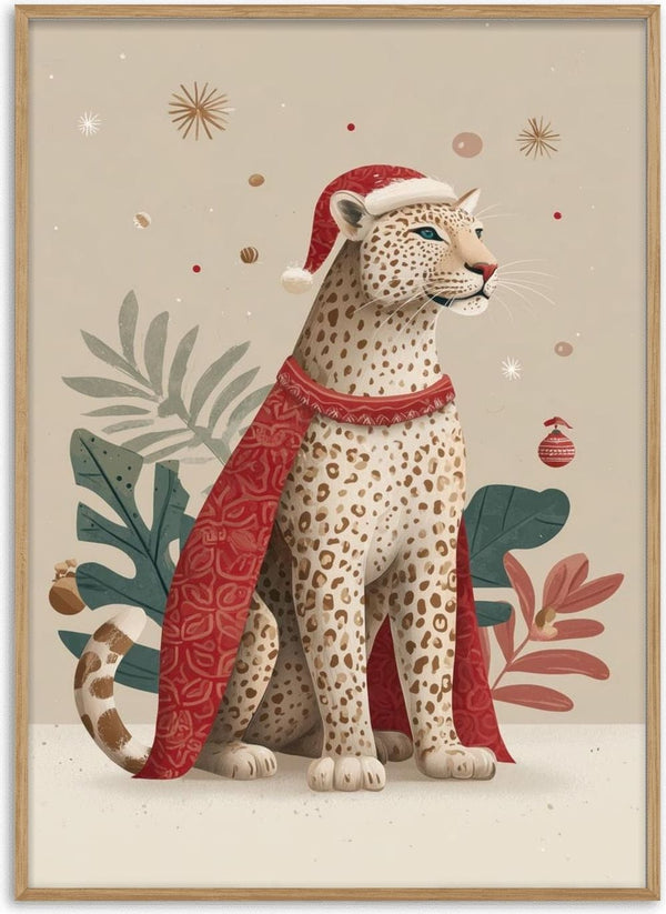 Leopard wearing a red Santa hat and festive cape, surrounded by holiday decorations and leaves.