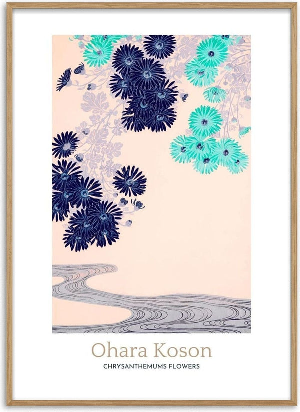 Japanese art poster of blue and teal chrysanthemums above a flowing stream, Ohara Koson Chrysanthemums Flowers.