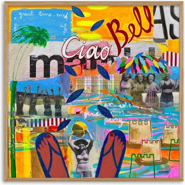 Ciao Bellas by María Burgaz - blue flip-flops and sandcastles in a beach collage