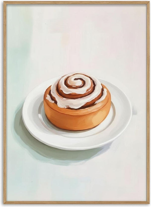 A freshly baked cinnamon roll with icing on top, served on a white plate.