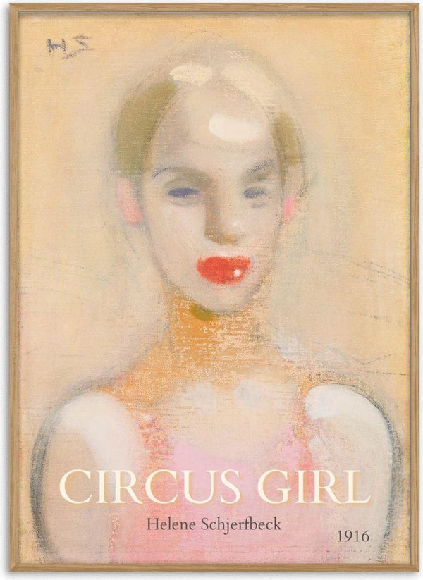 Poster of Helene Schjerfbeck's 1916 painting "Circus Girl," featuring a stylized portrait of a woman.