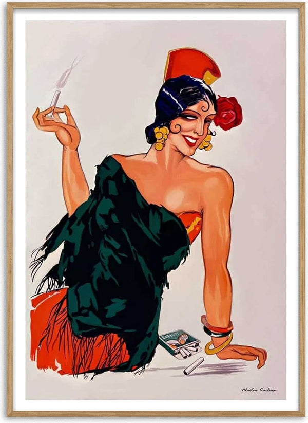 Illustration of a glamorous woman in Spanish attire holding a cigarette, from City Dreams by Martina Karlsson.