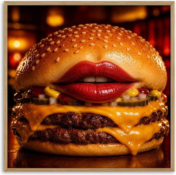 Classic Hunger by Devour Art - glossy red lips inside a double cheeseburger under warm bar light