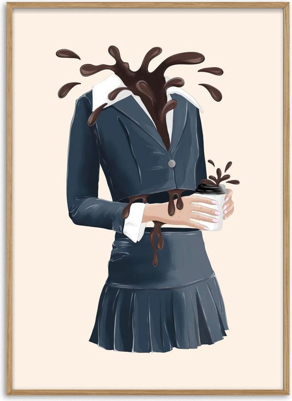 Coffee Overload poster by Lisen Vennesland with a woman in a navy suit and a coffee splash instead of a head