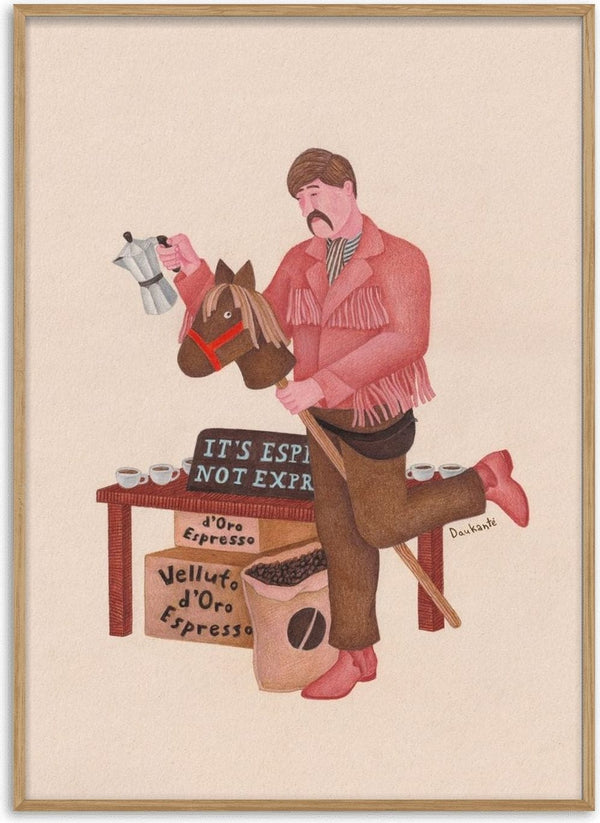 Coffee side hustle by Daukantė - man on a hobby horse holding up a moka pot