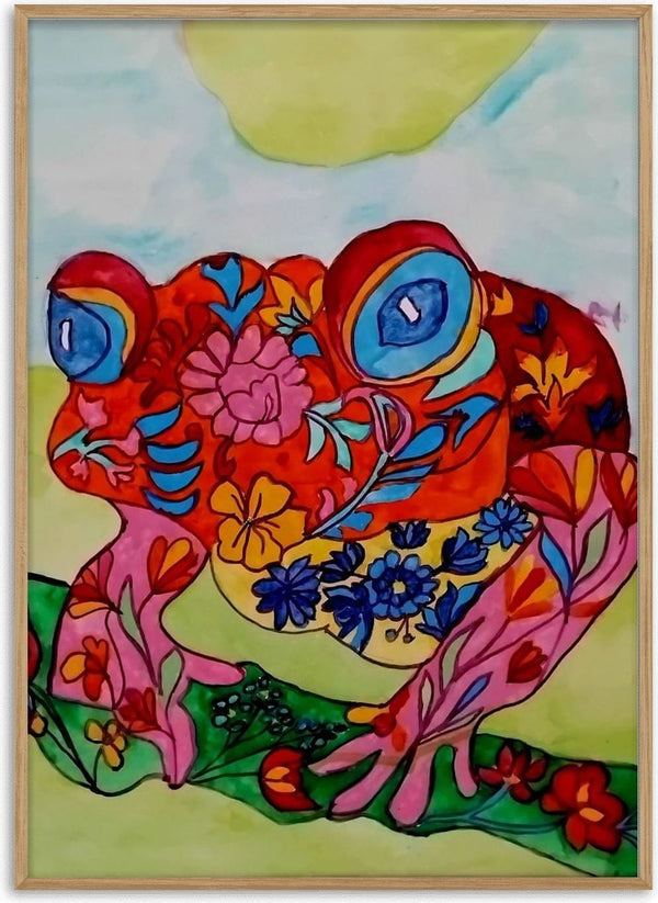 Color frog by Nittaart - a frog covered in pink, yellow and blue flowers with turquoise eyes