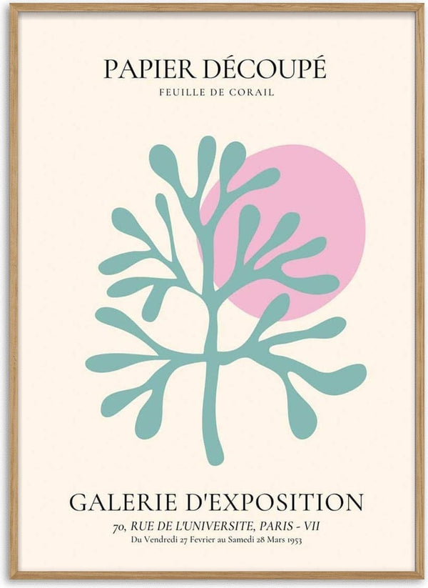 Abstract coral leaf design in teal with a pink circle, "Papier Découpé" art print for home decor.