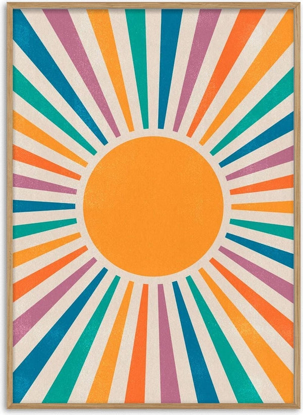 Colorful Sun Plakat featuring a vibrant orange sun with radiating multicolored rays on a textured background.