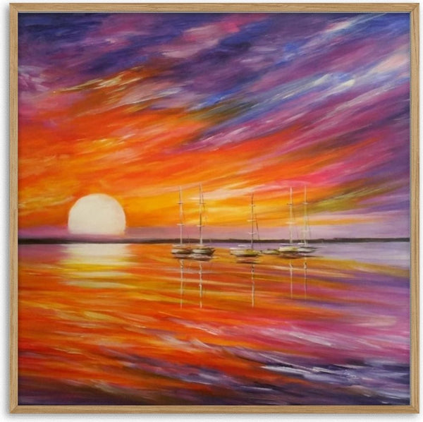 Colorful by Sunny - a violet, pink and orange sunset with sailing boats on the horizon
