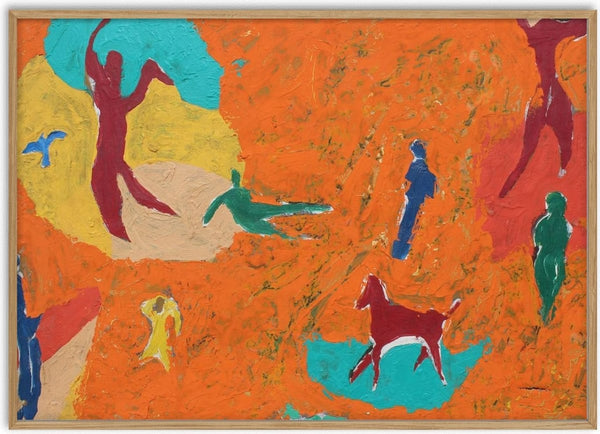 Constellation of Fire by António D'Albuquerque - figures, a horse and a bird on a thick orange field