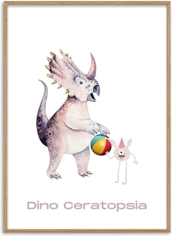 Cartoon ceratopsian dinosaur with a party hat bunny holding a colorful ball, text "Dino Ceratopsia" below.