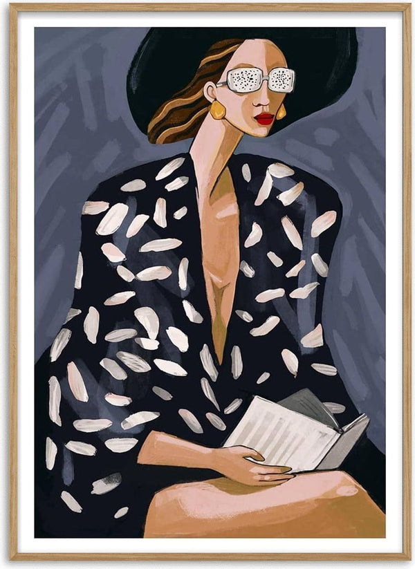 Stylish woman in patterned coat reading a book, illustration from Cool Readings by Martina Karlsson.
