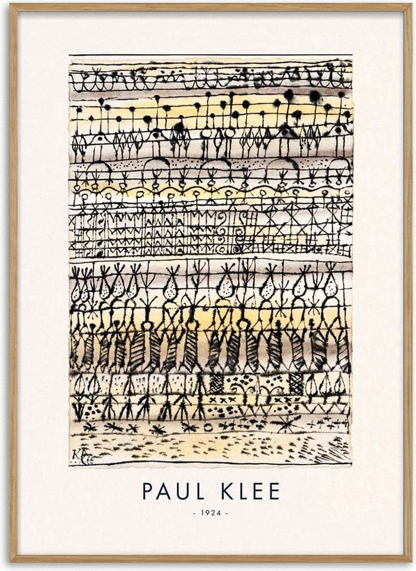 Abstract painting with intricate black lines and muted yellow tones by Paul Klee, titled "Cooling in a hot zone garden."