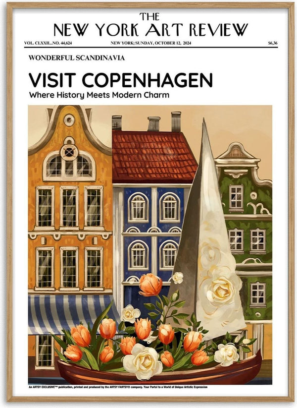 Colorful Copenhagen buildings and flowers on an art print, styled as a New York Art Review magazine cover.