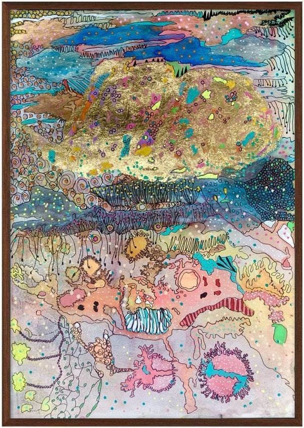 Coral Kingdom by Debbie Seenan - pale pink reef with gold and blue bands and tiny sea creatures