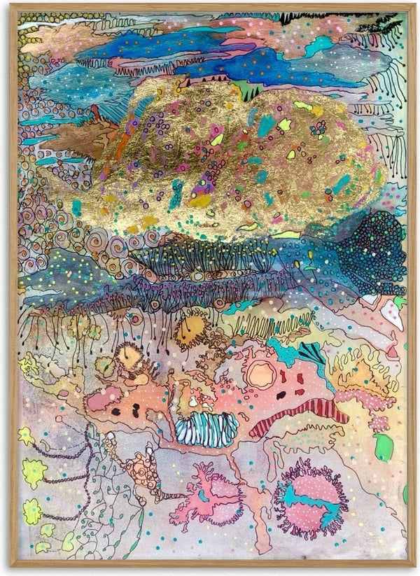 Coral Kingdom by Debbie Seenan - pale pink reef with gold and blue bands and tiny sea creatures