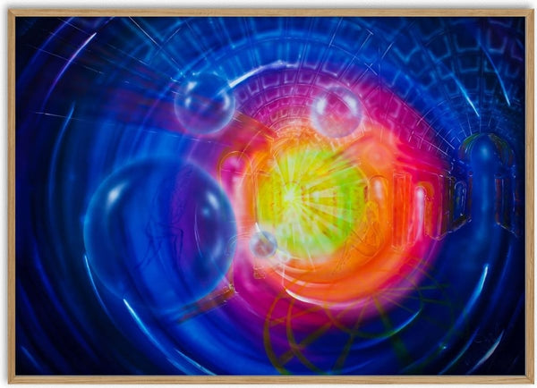 Cosmic Visions by Walter Zettl - swirling blue light tunnel with a glowing yellow and pink core and floating bubbles