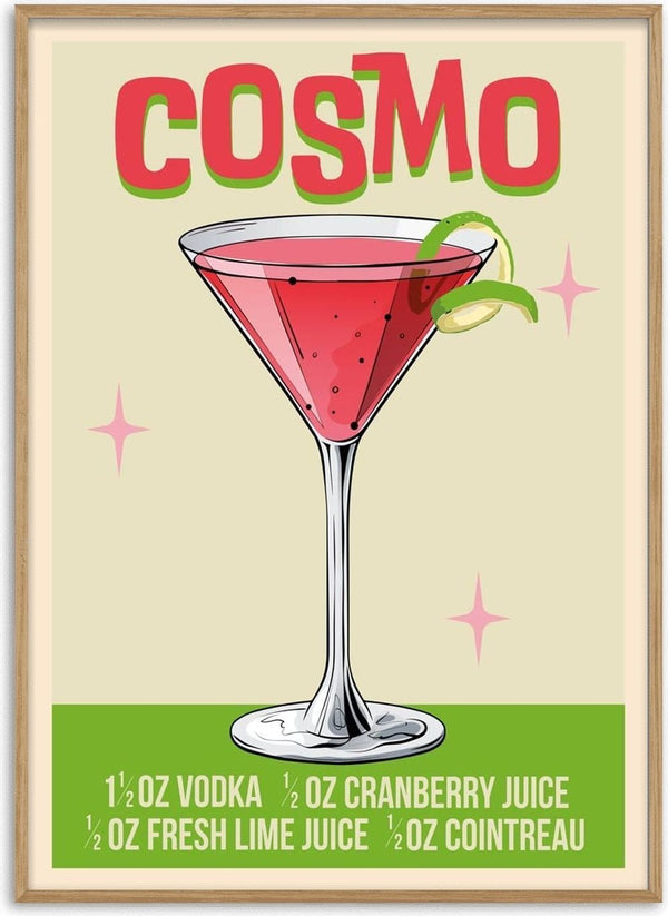 Illustration of a Cosmo cocktail in a martini glass with recipe ingredients listed below on a colorful wallchart.