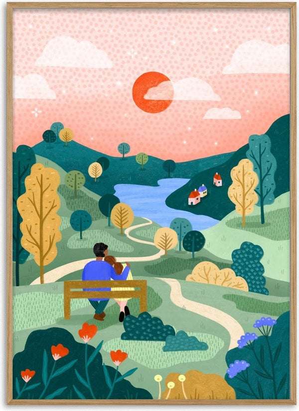 Couple's Peaceful Horizon by Bea Müller – couple on a bench overlooking green hills, lake and sunset