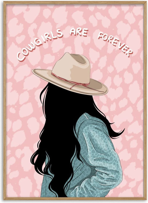 Cowgirls are forever by Lisen Vennesland - a cowgirl in a teal denim jacket on a pink leopard print