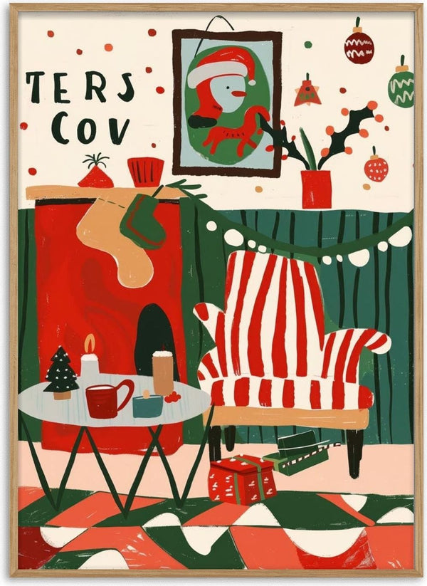 Festive living room with striped chair, stockings, gifts, and Christmas decorations for a cozy holiday home.