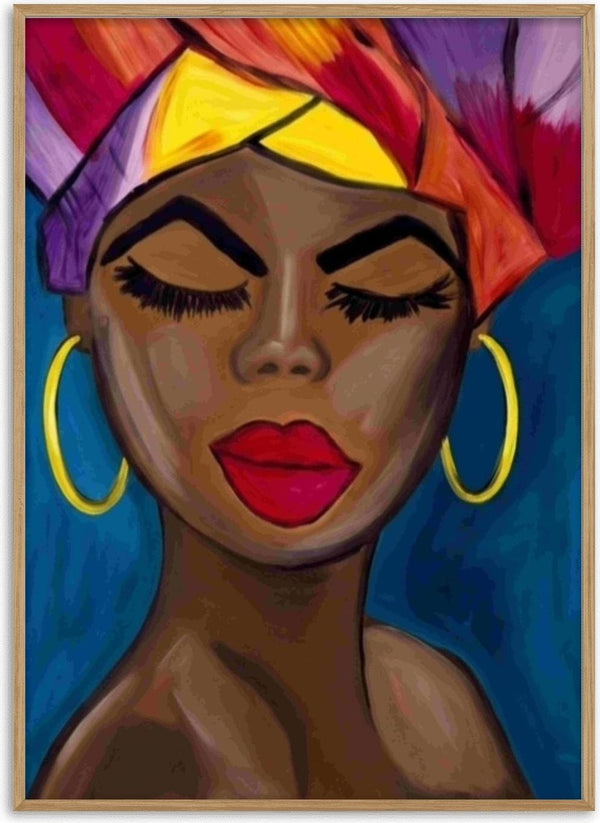Crowned in color by Bibi - a woman with a colourful headwrap against teal blue