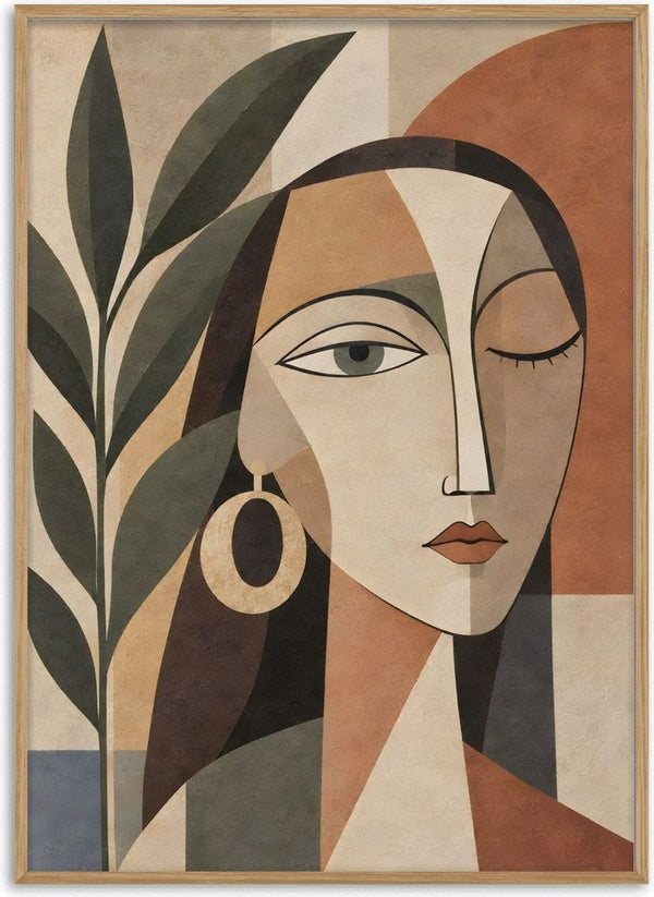 Cubist Woman Portrait with Plant by TimlessArtworks - a face in cream, grey and clay beside olive leaves