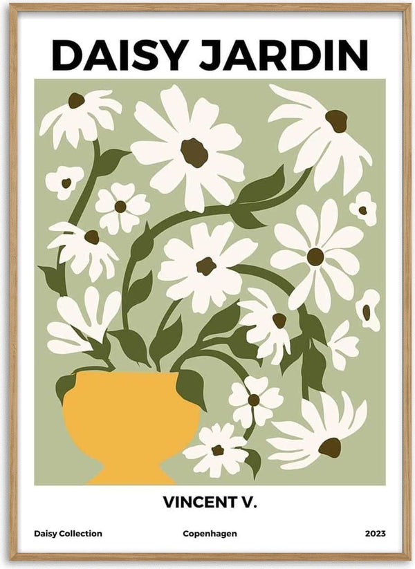 Illustration of white daisies in a yellow vase on a green background, titled Daisy Jardin No 1 by Vincent V.