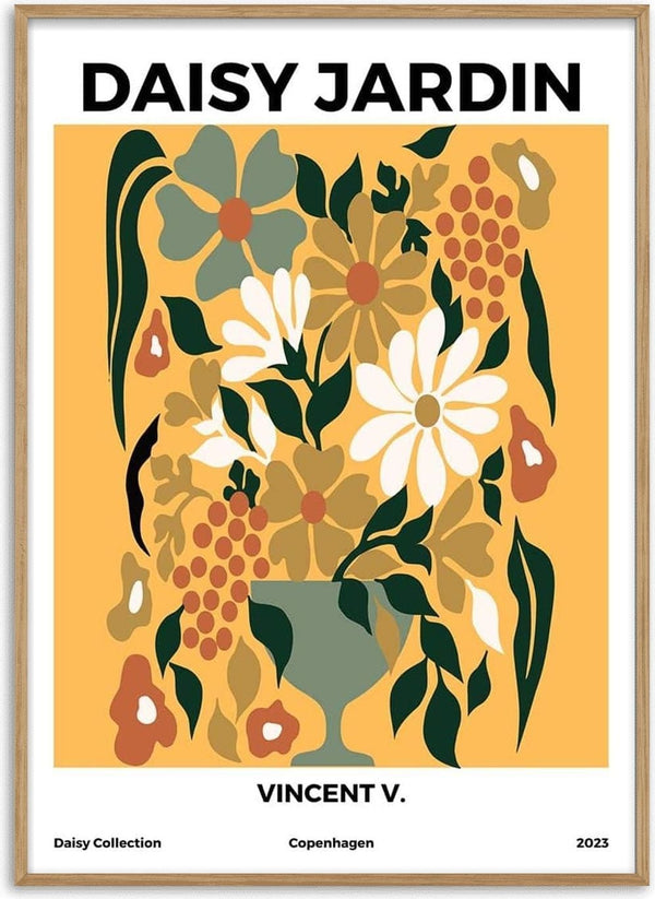 Abstract floral artwork with daisies in a vase on a yellow background; Daisy Jardin No 2 by Vincent V.