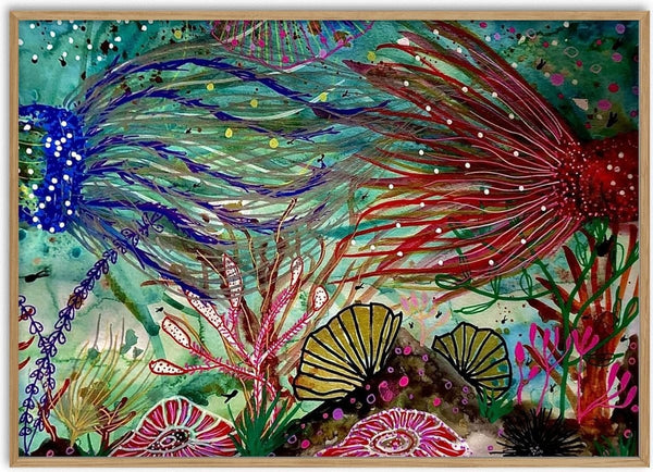 Dancing with the Tide by Debbie Seenan - flowing cobalt and crimson strands over shells and coral on turquoise