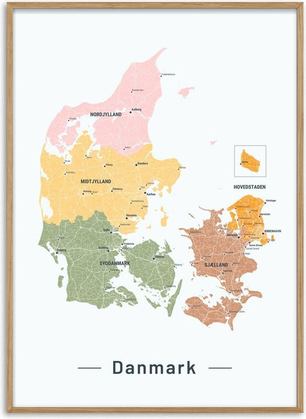 Colored map poster of Denmark with labeled regions and a small inset showing Hovedstaden.