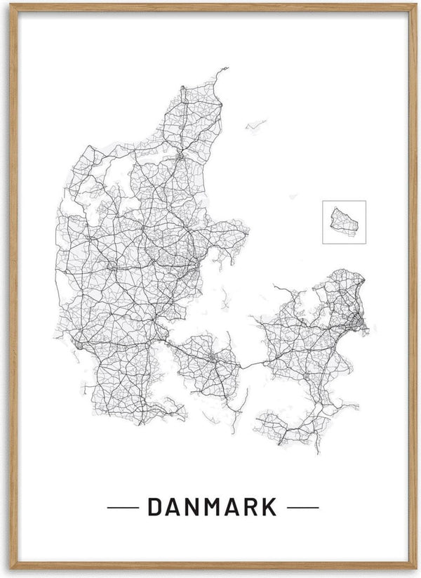 Minimalist line map of Denmark with roads and cities, titled "Danmark," shown on a white background.