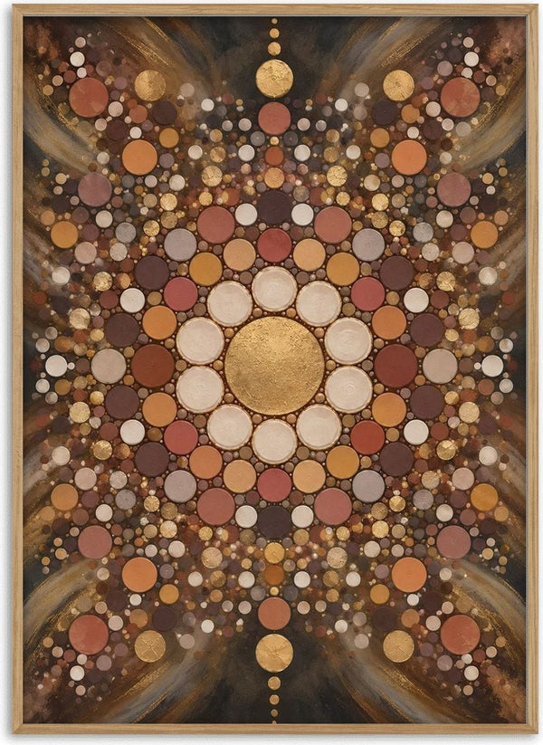 Dark mandala by RA - a gold disc in a mandala of terracotta and cream circles