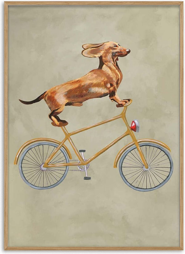 Illustration of a dachshund standing on a yellow bicycle, set against a plain beige background.