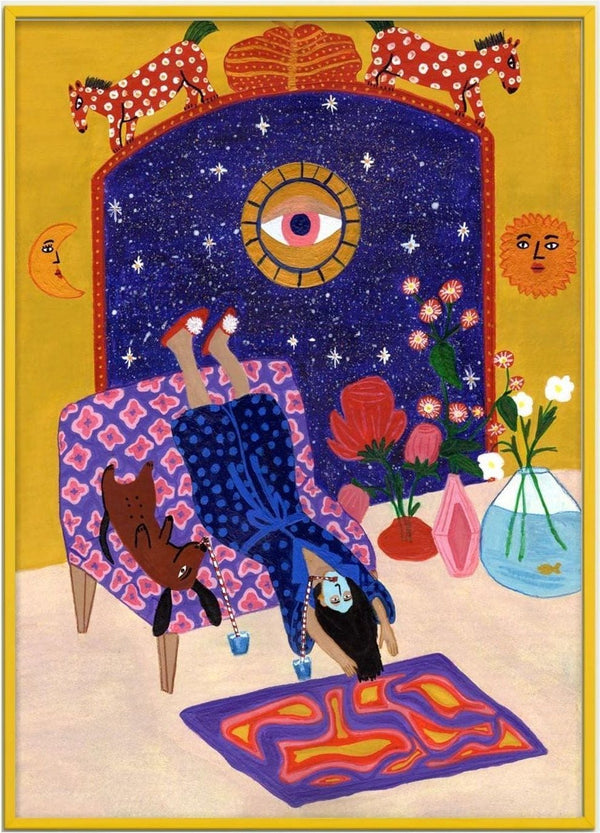 Illustration of a woman lounging upside down on a chair with her dog, set in a colorful, whimsical room.