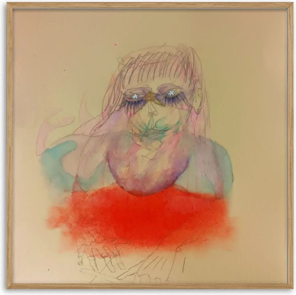 DayDream by Alice Ruja — a pencil and watercolour portrait with star-pupilled eyes above an orange-red cloud on a cream ground.