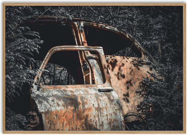 Decay (4) by Lone Gjessing - the rusted side of an abandoned car with flaking paint in a dark forest