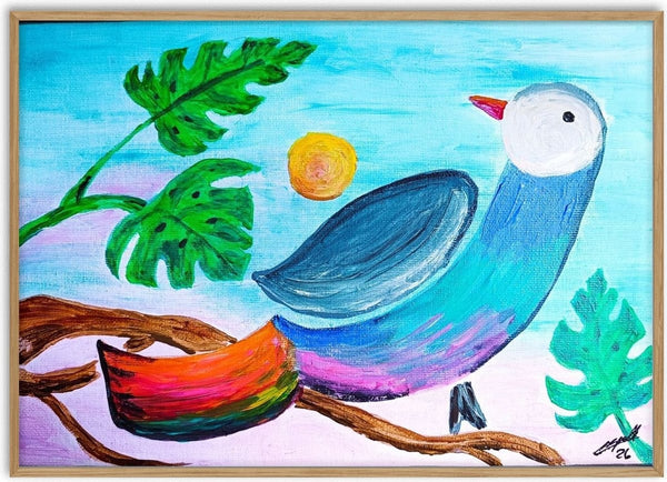Der Vogel, der Farben sammelte · The Bird Who Collected Colors by ELIZA Leopold - blue bird with a rainbow tail on a branch among monstera leaves