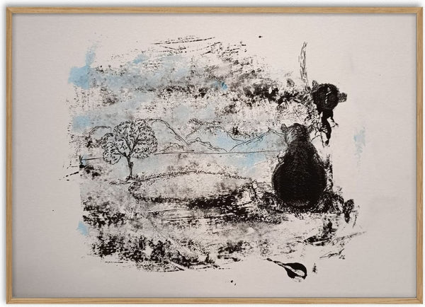 Der Wächter am See · The Guardian by the Lake by ELIZA Leopold - black bear on a misty ink-printed lakeshore