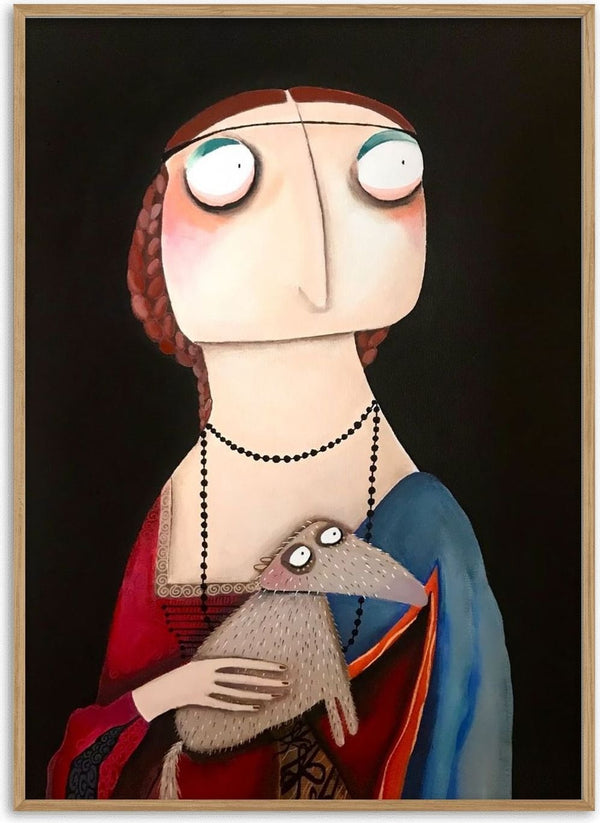 Die Dame mit dem Hermelin by lacaluna - a figure in red and blue holding a grey-brown animal