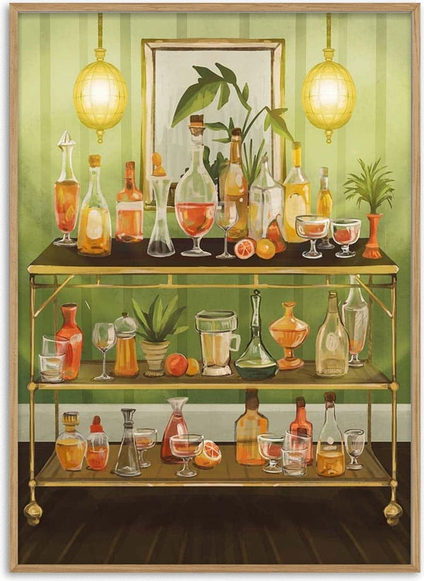 Bar cart with assorted bottles, glasses, and plants against a green striped wall for Dinner n Drinks.
