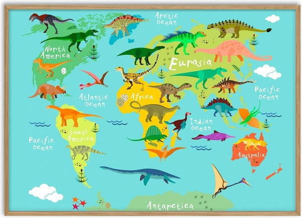 Colorful world map for kids showing dinosaurs across continents with labels like North America, Eurasia, and Africa.